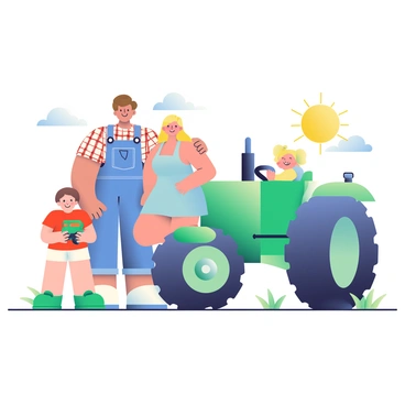 A family of four is posing next to a large, green tractor in a sunny field. The father, with short brown hair, is wearing a plaid shirt and denim overalls. The mother, with long blonde hair, is dressed in a light blue sundress. They are standing close to each other, with their arms around each other. Next to them, a boy in a red t-shirt and shorts is holding a toy tractor, while a girl in a yellow dress is smiling widely, her hair in pigtails. The sun is shining brightly, creating a warm and inviting atmosphere, while the tractor, with its shiny metal parts and big wheels, stands proudly beside them.