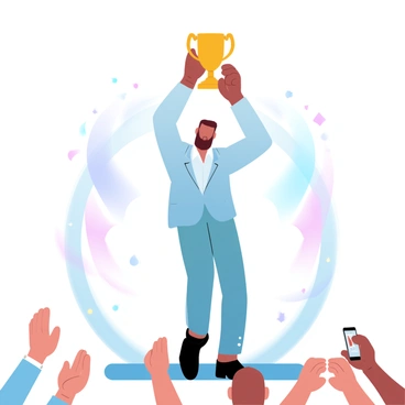 A person is standing on a stage, holding a golden trophy high above their head. The individual is dressed in formal attire, with a tailored suit or elegant gown. Behind them, there are colorful banners and decorations that enhance the celebratory atmosphere. A spotlight shines down on the person, highlighting their figure against the backdrop. In the foreground, a crowd is visible, with some individuals clapping and others taking photos. The scene is filled with an energetic and festive ambiance.