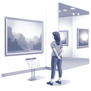 A visitor stands in an art gallery, gazing intently at a large painting displayed on the wall. The individual is wearing casual attire and has their hands clasped behind their back. Next to the artwork, a rating card is positioned on a small stand, displaying numerical ratings and space for comments. Soft lighting from overhead fixtures highlights the painting and casts gentle shadows on the gallery floor. Other artworks are visible in the background, creating a sense of depth in the space.
