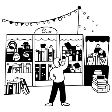 A Muslim girl wearing a hijab is standing in front of a stall filled with books, her hands reaching out to pick one up. There are multiple stalls around her, each displaying various books with elaborate covers and decorations. The atmosphere is lively, with people browsing around, and decorative banners hanging over the stalls. Some books are stacked high, while others are laid out on tables, creating a scene full of activity and excitement at the book fair.