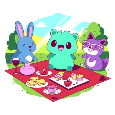 A teal Sprunki, a small whimsical creature with large expressive eyes and a wide smile, is sitting on a bright red picnic blanket in a vibrant meadow. Around Sprunki, there are a variety of friendly characters, including a cheerful blue rabbit with big ears, a pink hedgehog with a playful grin, and a purple fox wearing glasses, all engaged in joyful conversation. The picnic spread includes an assortment of colorful food items, such as yellow sandwiches, red fruits, and pink cupcakes. The sunlight filters through the trees, creating a warm and inviting atmosphere as everyone shares laughter and stories together.