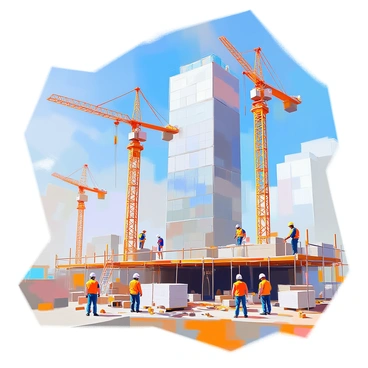 A bustling construction site is filled with activity as workers in hard hats and safety vests are seen coordinating tasks. Several large cranes tower above, lifting heavy steel beams and materials to the upper levels of a modern skyscraper under construction. Scaffolding surrounds the building, and piles of construction materials, such as concrete blocks and rebar, are scattered around the site. Workers are engaged in various activities, such as measuring, welding, and inspecting the structure. The sky is bright blue, providing a vibrant backdrop to the dynamic scene.