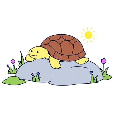 A tortoise with a textured brown shell is sitting on a smooth gray rock. The tortoise has its head slightly lowered, appearing deep in thought. Surrounding the rock are patches of green grass and small colorful flowers. The sun casts a warm light over the scene, highlighting the tortoise's features and the details of the rock's surface.