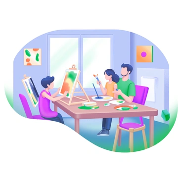 Family members creating art together at a large dining table