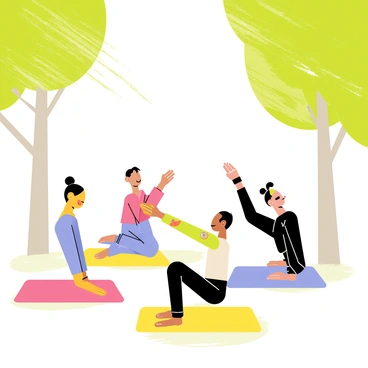 A group of four adults practicing yoga poses in a grassy area surrounded by tall trees. One adult is in a downward dog position, another is in a warrior pose, while the third is sitting cross-legged with hands resting on knees. The fourth adult is stretching with arms raised high. Sunlight filters through the leaves, creating dappled light on the ground. Soft, colorful yoga mats are spread out under each person, and a gentle breeze is evident in the movement of the leaves.