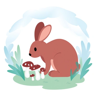 A hare with soft, brown fur is curiously inspecting a cluster of mushrooms growing on the forest floor. The hare's ears are perked up, highlighting its attentive posture. Surrounding the hare are lush green ferns and tall grasses, creating a natural habitat. The mushrooms have varying shapes and colors, with some exhibiting white and brown caps. Sunlight filters through the tree canopy above, casting gentle shadows on the scene.