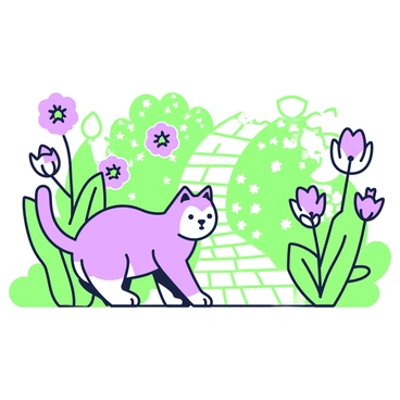 A cat with a soft coat is exploring a lush garden. The cat is crouched low to the ground, observing its surroundings with curiosity. It moves among various types of flowers, including ones with large petals and delicate blossoms. There are tall green plants surrounding the scene, creating a natural frame. The garden is filled with vibrant shades of petals as they sway gently in the breeze. In the background, a stone path leads further into the garden, hinting at more hidden surprises beyond the visible area.