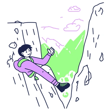 An adventurer is hanging on the edge of a cliff. This person has short, wind-swept hair and is dressed in rugged climbing gear, featuring a harness and climbing shoes. The adventurer extends their right arm, reaching for a small rock protruding from the cliff face. Below, there is a steep drop with jagged rocks visible. A faint mist rises from the valley below. The sky above is clear with a few scattered clouds. The adventurer's expression shows determination as they focus on their next move.