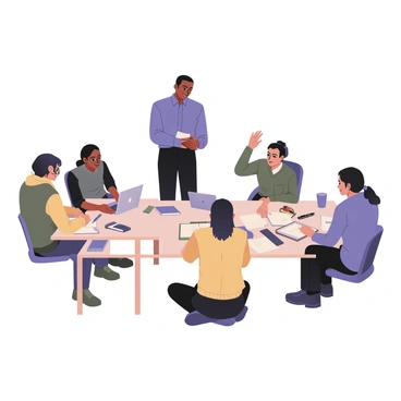 A digital flat illustration depicting a workshop setting with several employees engaged in learning a new skill. In the center, a trainer is standing and actively guiding the session. The trainer has medium skin and is wearing a blue shirt and black pants. Surrounding the trainer are four employees. One employee on the left has dark skin and is taking notes on a notepad while wearing a yellow sweater. Another employee on the right has light skin and is wearing glasses, focused on a laptop in front of them. A third employee, with medium skin, is sitting cross-legged on the floor, practicing a hands-on activity. The fourth employee, with dark curly hair, is asking a question, raising their hand. The workshop space is filled with tables and various learning materials, such as books and tools, creating an interactive learning environment.