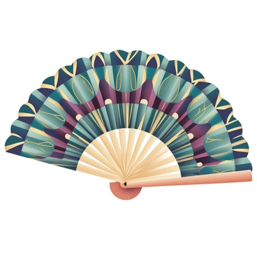 A hand fan is prominently displayed, featuring intricate art deco patterns in a range of colors including deep teal, gold, and burgundy. The fan is partially open, showcasing the detailed geometric designs that flow elegantly across its surface. Delicate metallic accents shimmer in the light, highlighting the craftsmanship of the patterns. The handle of the fan is made of polished wood, adding a touch of classic elegance to the overall piece. The background is softly blurred, emphasizing the beauty and complexity of the fan itself.