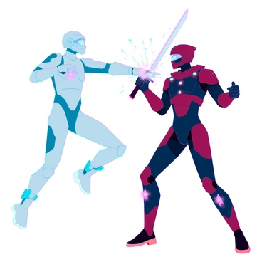 Two action figures designed as space warriors are engaged in an intense zero-gravity fight scene. The first figure features a sleek silver suit with blue accents and a helmet with a reflective visor, mid-air, preparing to launch a punch. The second figure is clad in a dark red and black armor, wielding a glowing energy sword, blocking the incoming attack. Their limbs are outstretched, showcasing dynamic poses, while small thrusters at their feet release bursts of colored energy, enhancing the sense of motion. The background is filled with stars and distant planets, illustrating the vastness of space.