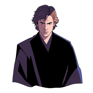 Anakin Skywalker stands with a conflicted expression on his face, his features illuminated by a soft light. Half of his face is cast in shadow, creating a dramatic contrast that highlights his intense gaze. He is wearing a dark robe that flows around him, and the background is simple, focusing attention on his complex emotions. The atmosphere emphasizes the tension within him, with shadows deepening on one side and light illuminating the other.