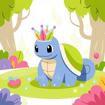 A crafty Squirtle with a bright blue shell is sitting on a patch of vibrant green grass in a magical forest. The Squirtle is focused on crafting a crown made of glowing materials, which include shimmering leaves and sparkling stones. Surrounding the Squirtle, there are colorful flowers and whimsical trees with twisting branches that add to the enchanted atmosphere. Soft, dappled sunlight filters through the leaves, creating a warm glow around the scene. The crown glimmers with an array of colors, reflecting the light from the magical forest surroundings.