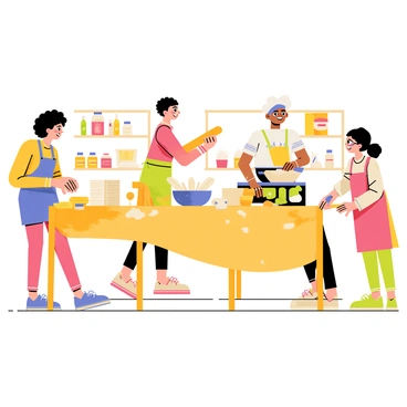 A cheerful cooking class scene featuring a group of diverse individuals enthusiastically learning to make pasta together. In the center, a large wooden table is covered with flour and various ingredients. One person with curly hair is rolling out dough with a wooden pin. Another person with glasses is preparing a sauce in a pot on a stove. A third individual, wearing a colorful apron, is cutting pasta sheets into shapes. The atmosphere is lively, with smiles and laughter among the participants. The background includes shelves filled with cooking utensils and jars of ingredients.