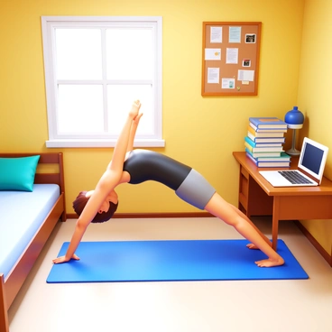 A college student performing "Russian twists" on a yoga mat in a small dorm room. The student has short brown hair and is wearing a black tank top and gray shorts. The room is modestly furnished with a bed on one side and a small desk cluttered with textbooks and a laptop on the other. There is a bulletin board on the wall with various notes and photos. A window lets in natural light, illuminating the space.