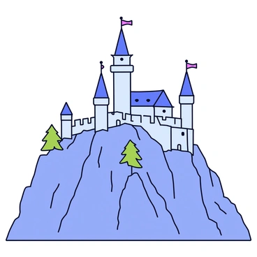 A fantasy line drawing of a towering castle on a mountain peak
