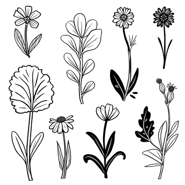 A sketchbook page filled with detailed black-and-white illustrations of mustard plants, showcasing their leaves, stems, and flowering tops. Each plant is depicted with intricate linework, capturing the texture and vein patterns of the leaves. The flowers are illustrated in various stages of bloom, displaying their unique shapes. The layout includes annotations describing the different parts of the plants, positioned around the illustrations.