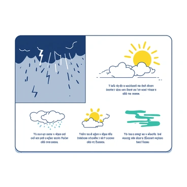 An A3 board is displayed, featuring various illustrations of different weather patterns. On the left side, there is a dramatic depiction of a storm, showcasing dark clouds filled with rain and flashes of lightning. Below the storm, raindrops fall, creating small puddles on the board. On the right side, a bright illustration of sunshine is present, with a vibrant yellow sun radiating warm rays in all directions. Fluffy white clouds are scattered around the sun, adding contrast to the scene. In the center of the board, there are smaller illustrations of other weather patterns, such as a light snow with delicate white snowflakes and a gentle breeze represented by flowing teal lines. Each weather pattern is clearly labeled with a description in quotes.