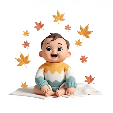A baby, wearing a cozy, multicolored knitted sweater, is sitting on a soft blanket. The baby has chubby cheeks and wide, curious eyes, looking up with a joyful expression. Around the baby, numerous autumn leaves in shades of orange, yellow, and red are gently falling. Each leaf is distinct, showcasing intricate veins and textures, creating a vibrant contrast against the soft backdrop. The scene captures a sense of warmth and innocence, with the leaves gracefully surrounding the baby.