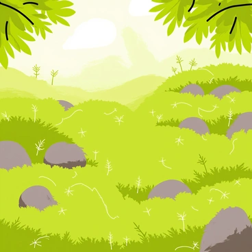 A lush, green moss-covered area filled with vibrant green moss. The landscape features visible mycelium networks, resembling delicate white threads weaving through the rich moss. Several small rocks are scattered throughout the area, partially covered with moss. Sunlight filters through overhanging leaves, casting soft shadows over the scene.