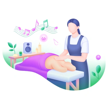 A modern pastel illustration featuring a client lying on a massage table, enjoying a pampering back massage. The therapist is gently applying pressure with their hands. Surrounding the scene are soft music notes in pastel colors, fluttering in the air, creating a soothing atmosphere. The room is decorated with candles, and plants providing a calming environment. A small speaker is visible, emanating the gentle sound of music.