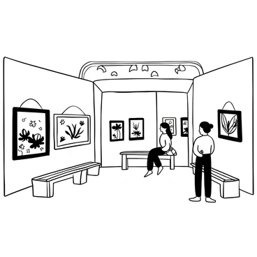 An art gallery interior with large white walls displaying various autumn-themed illustrations. Each illustration depicts different autumn scenes, such as falling leaves, pumpkins, and harvest imagery. There are wooden benches for visitors to sit and contemplate the artwork. Soft lighting highlights the illustrations, creating an inviting atmosphere. A sign reads "Seasonal Event: Autumn" in elegant lettering at the entrance.