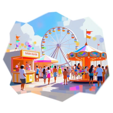 A lively carnival scene with rides and games illustrated using stencils
