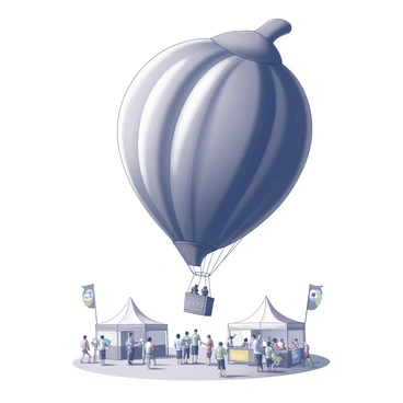 A hot air balloon painted like a cocoa pod floating over a festival