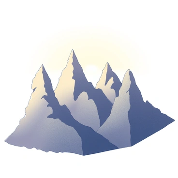 Mountain tops rising majestically into the sky, each one uniquely shaped to resemble different musical instruments. There is a towering peak that mimics the silhouette of a grand piano, while another has contours resembling a violin. A third mountain has a shape akin to a trumpet, its bell curved outward. These instrumental peaks are bathed in the warm light of a "sunrise," casting long shadows across the rocky terrain. The "sky" is illuminated with soft gradients, suggesting the early morning glow, enhancing the distinct shapes of the mountains.