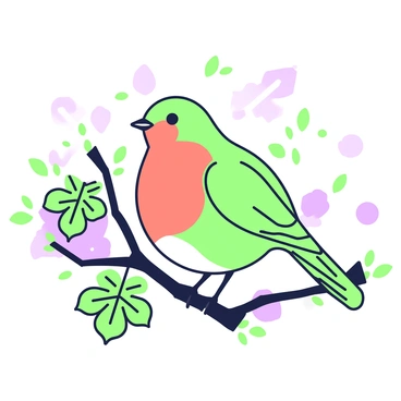 A robin is perched on a branch, its round body and distinctive orange-red breast prominent in the scene. The branch is adorned with a variety of autumn leaves, which are scattered around the robin. The leaves have intricate shapes and are artfully arranged in a way that highlights their texture. Some leaves are gently falling from above, creating a sense of movement. In the background, soft foliage is visible, providing a natural setting for the robin and the vibrant leaves.