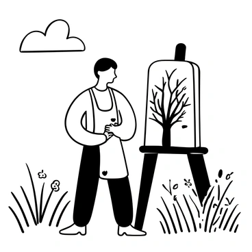 An artist standing beside an easel, focused on painting a solitary tree on a canvas. The canvas displays the tree, which has intricate branches and a textured trunk. The artist is wearing a paint-splattered apron. Surrounding them is a sunlit meadow filled with tall grass and scattered wildflowers. A gentle breeze causes the grass to sway slightly. The scene captures a moment of creation in nature.