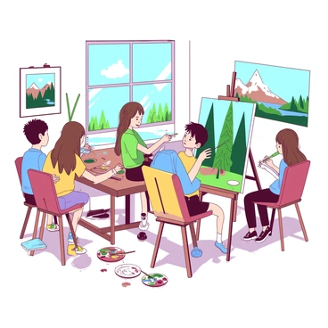 A bright room filled with natural light is occupied by five students engaged in an art class. Two of the students are focused on painting tall, green trees on their canvases. One student, a girl with long brown hair, is using a brush to create textured leaves, while the other, a boy with short hair, is carefully adding details to the tree trunk. The remaining three students are working on different art projects at nearby easels, each showcasing a unique piece. One student is sketching a mountain landscape, another is mixing vibrant colors on a palette, and the last is applying paint to a canvas depicting a serene lake. The walls of the classroom are adorned with various student artworks, enhancing the creative atmosphere.