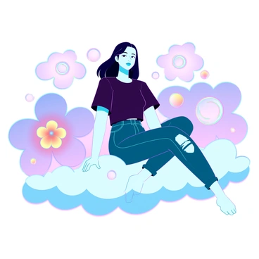 An emo character with pale skin and dark, shoulder-length hair, wearing a black band t-shirt and ripped jeans. They are floating on a fluffy, white cloud with a gentle, serene expression. Surrounding them are whimsical, dream-like elements such as oversized, colorful flowers with spiraled petals, swirling pastel-colored stars, and softly glowing orbs of light. The sky is a gradient of soft pink and lavender, adding to the ethereal atmosphere.