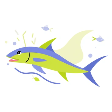 A cartoon-style illustration of a barracuda in dynamic motion. The barracuda has a sleek, elongated body with sharp fins and a pointed snout. It is depicted with vibrant shades of blue and green, creating a sense of energy and speed. Surrounding the barracuda are stylized waves in varying hues of aqua and white, emphasizing its swift movement through the water. The background features playful bubbles and small fish darting away, adding to the sense of action and life in the scene.