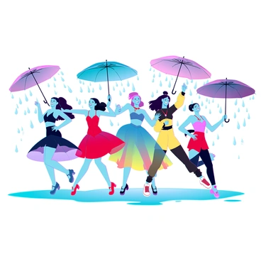 A group of dancers in a variety of elegant costumes performing joyfully in the rain. Each dancer has a unique outfit, featuring bright colors like blue, red, and yellow, creating a lively atmosphere. Some dancers are mid-leap, with expressions of happiness and freedom. They are surrounded by an array of colorful umbrellas, open and shielding them from the raindrops, while puddles reflect the vibrant colors and movement. The rain creates a shimmering effect, adding to the dynamic scene.