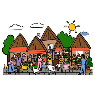 A peaceful village with traditional houses made of wood and thatched roofs. The houses are arranged along a cobblestone path lined with greenery and colorful flowers. In the foreground, there is a bustling market filled with stalls displaying fresh fruits, vegetables, and handmade crafts. People of various skin tones are engaging in conversation, shopping, and enjoying their time in the market. Children are playing nearby, while a few animals, like chickens and goats, roam around. The sky is clear with a bright sun shining down on the lively scene.