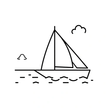 A sailboat gracefully moving across the ocean's surface. The sail is unfurled, catching the wind as the boat tilts slightly to one side. The water is depicted with gentle waves, creating a dynamic sense of motion. Above, the sky is expansive and clear, with a few fluffy clouds scattered across. In the distance, a hint of a shoreline is visible, framed by the horizon.