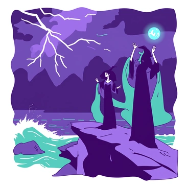Three witches stand on the edge of a rocky cliff, their silhouettes outlined against a dark, turbulent sky. The wind whips through their long, flowing robes, which are a mix of deep purple and a muted teal. One witch holds a glowing crystal ball, casting an eerie light that reflects on their determined faces. Lightning strikes in the background, illuminating the jagged cliffs and the stormy sea below. Large waves crash against the rocks, sending up splashes of water that catch the light of the storm. The atmosphere is charged with energy as the witches raise their arms, seemingly commanding the forces of nature around them.