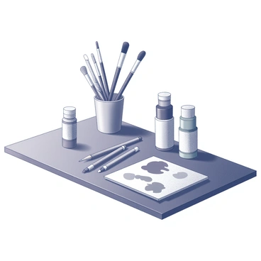 A collection of art tools like brushes, pencils, and paints arranged neatly on a table.