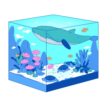 A blue ocean-themed exhibit features lifelike models of various marine creatures. In the center, a large teal whale model is suspended from the ceiling, showcasing its detailed texture and size. Surrounding the whale, there are vibrant displays of fish, including a yellow clownfish and an orange tang, all carefully placed in realistic coral formations. A group of pink jellyfish can be seen floating gracefully in a transparent tank, illuminated by soft lighting. Various sea turtles, with intricate patterns on their shells, are positioned on a sandy base, simulating a natural habitat. The exhibit is designed to immerse visitors in an underwater experience, with each model showcasing the beauty and diversity of marine life.