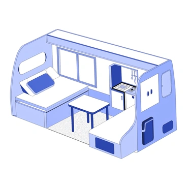 The interior of a camper van is designed with cozy sleeping areas on each side, featuring comfortable bedding and pillows. There is a foldable table in the center that can be stowed away when not in use. The walls are lined with storage cabinets, filled with camping gear such as sleeping bags, flashlights, and cooking utensils. A small kitchenette area is visible, containing a portable stove and a compact sink. Large windows provide natural light and a view of the outdoors. The flooring is covered with a warm, textured mat, enhancing the inviting atmosphere of the van's interior.