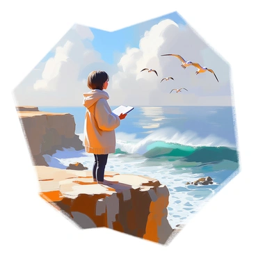 A writer with short, dark hair is standing at the edge of a high cliff, gazing thoughtfully at the vast ocean below. She is dressed in a cozy sweater and holds a notebook in one hand, while the other gently brushes against the cliff's surface. The waves crash rhythmically against the rocks far below, sending up sprays of white foam. The sky above is a mix of soft blues and fluffy white clouds, creating a serene backdrop. In the distance, a flock of seagulls is soaring above the water. The scene captures the writer's deep contemplation as she seeks inspiration from the beauty surrounding her.