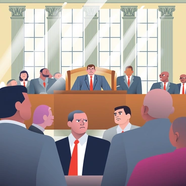 A grand courthouse with tall columns and ornate architectural details is the setting for a mafia trial. In the foreground, a group of three accused individuals, all men, display intense expressions of concern and defiance. One man has short black hair and is wearing a dark suit with a red tie, while another has slicked-back brown hair and is dressed in a pinstriped suit. The third man has a shaved head and is in a grey suit, all three facing the judge who is seated behind a large wooden bench. The courtroom is filled with people, including attorneys and spectators, some whispering to each other. Sunlight streams through the high windows, casting dramatic shadows across the floor.