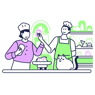 A boulanger sharing a piece of bread with a friendly cat in the bakery