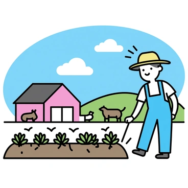 A faceless farmer tending to crops in a sunny field, with a red barn and animals in the background.