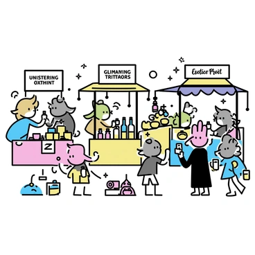A bustling goblin bazaar filled with vibrant energy. Various stalls display "unusual and exotic goods," each adorned with bright fabrics and intriguing signs. Goblins of different sizes and colors are seen interacting, some negotiating prices, while others examine the unique items for sale. One stall features "glimmering trinkets," another showcases "mysterious potions" in colorful vials, and a third offers "exotic fruits" piled high. The scene is lively, filled with movement and the sounds of chatter and laughter.