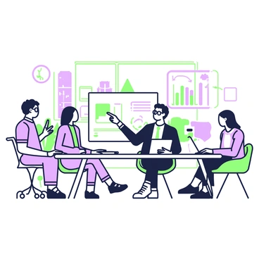 A group of five people is seated around a large conference table in a modern meeting room. The first person, a man with glasses, is speaking animatedly while pointing to a presentation screen that displays a diagram of carbon capture technology. Next to him, a woman with long hair is taking notes on a notepad, focused on the discussion. Across the table, a man in a business suit raises his hand to ask a question, while another woman, dressed casually, is viewing the presentation on her laptop. The fifth member, a young man with short hair, is nodding thoughtfully as he listens. Various charts and images related to carbon capture are displayed on the screen behind them. In the background, there are potted plants and a window showing a view of the city outside.