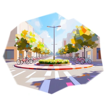 A roundabout specifically designed for cyclists, featuring several dedicated bike lanes that seamlessly weave through the structure. There are clear markings on the ground indicating the cycling paths. Along the edges of the roundabout, there are bike racks filled with various bicycles of different colors and styles, encouraging cyclists to park safely. Surrounding the roundabout, there are lush green plants and small trees, adding to the vibrant atmosphere of the cycling hub. The sky above is clear, providing a bright backdrop for this cyclist-friendly environment.