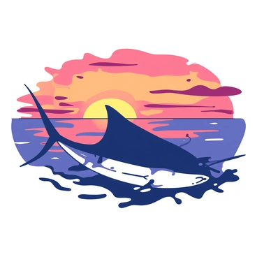 A sailfish is positioned gracefully in the foreground, its elongated body and distinctive dorsal fin clearly outlined in silhouette. The backdrop features a vibrant sunrise painted across the sky, showcasing a rich gradient of colors blending together. The ocean is calm, with gentle waves reflecting the warm hues of the sunrise. The sun is just above the horizon, casting a soft light that contrasts with the dark silhouette of the sailfish, creating a striking visual composition.