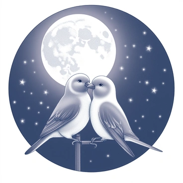 Two lovebirds are perched closely together, their bodies gently leaning into each other. The birds are depicted with intricate details, showcasing their feathers and posture in a loving embrace. Above them, a large, full moon casts a soft light, illuminating their forms. The night sky is filled with numerous stars, twinkling softly around the moon, adding a sense of depth to the scene. The background is rich with the subtle textures of the night, enhancing the romantic atmosphere created by the lovebirds’ connection.